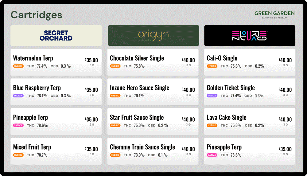 gif of various dispensary digital menu options