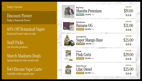 A preview of many layout options available on Seed Signage including dispensary menus, queue boards, and loyalty QR screens