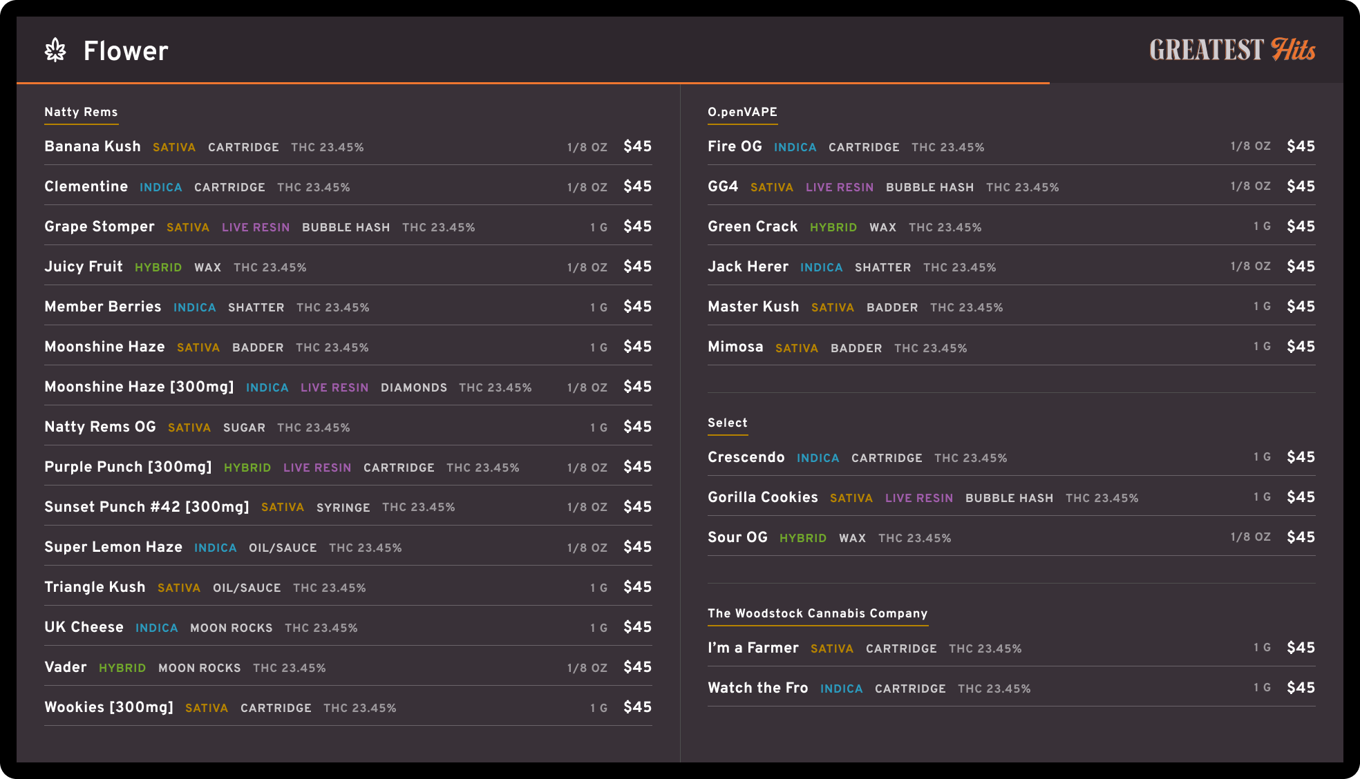 a simple SKU-based product menu at a cannabis dispensary