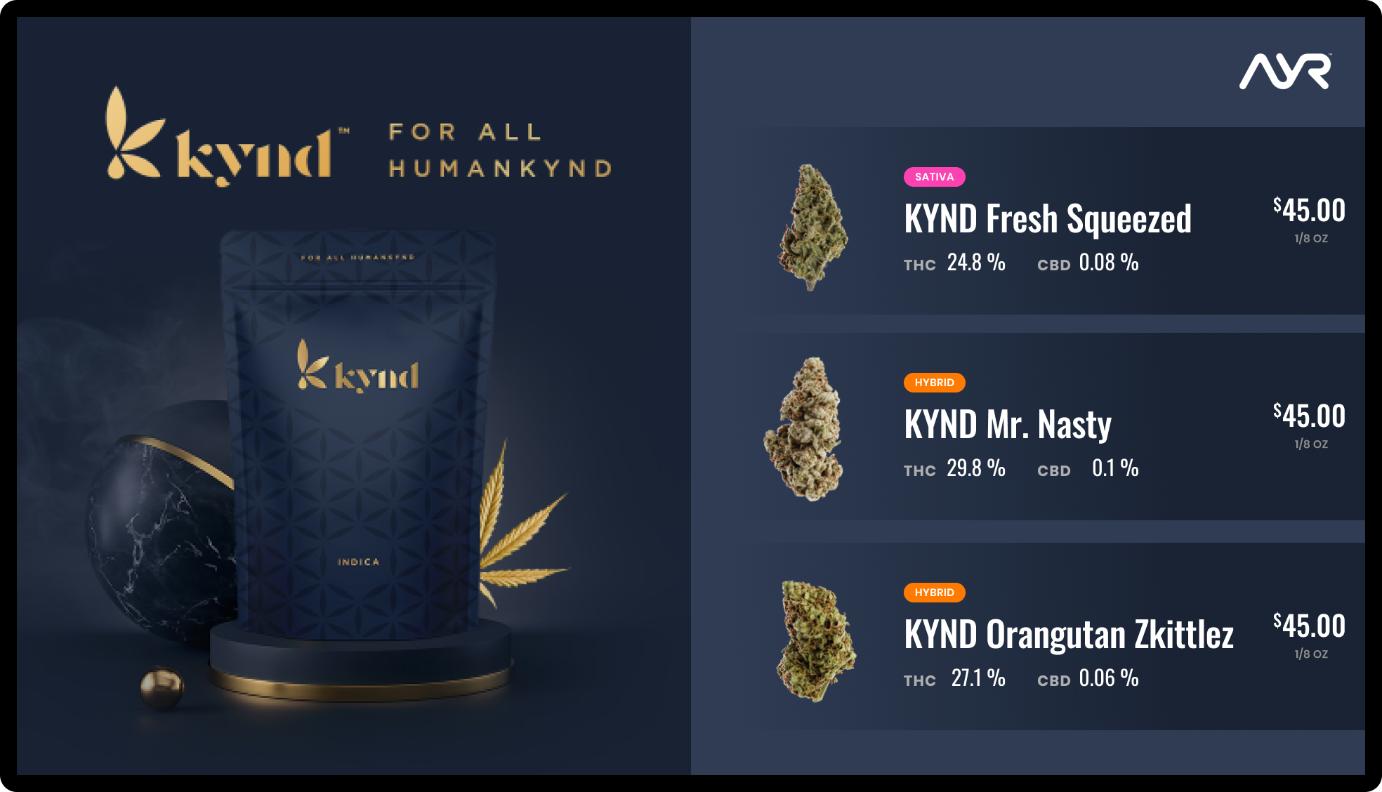 A cannabis TV menu showing a product image on the left, bulk flower list on the right with a clean, modern menu design