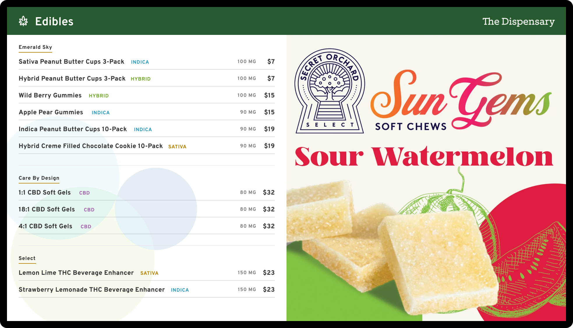 A dispensary TV menu showing a list of edibles on the left side, a graphic promoting Sun Gems Sour Watermelon soft chews on the right