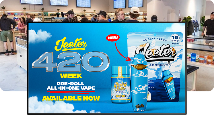 Cannabis product promo displayed on in-store dispensary TV Cannabis product promo displayed on in-store dispensary TV