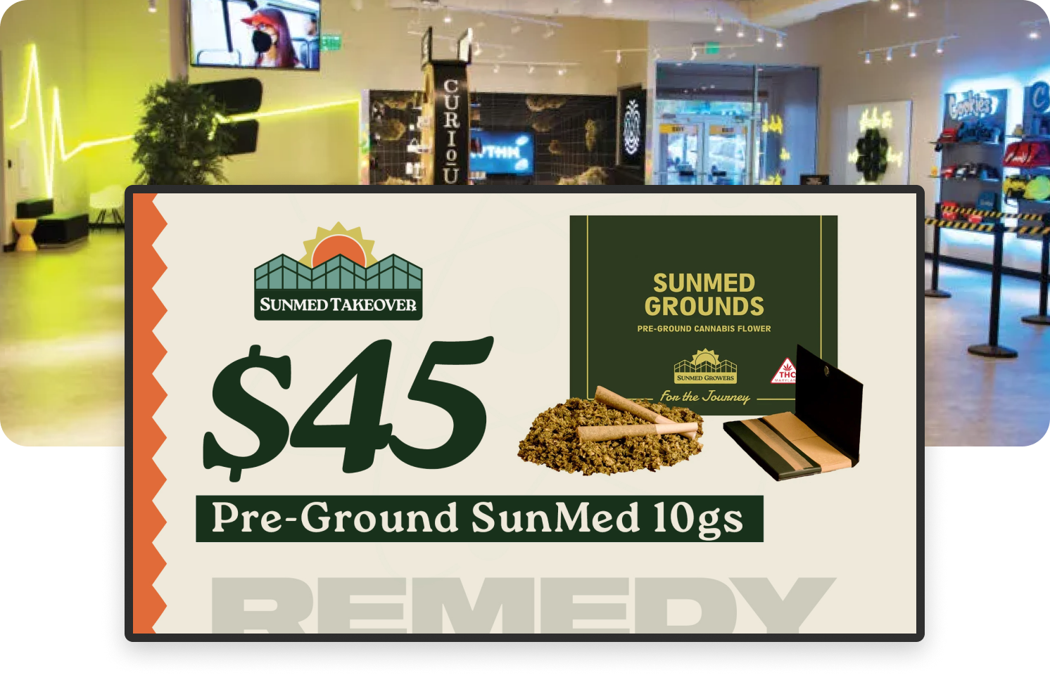 Dispensary signage TV featuring cannabis brand at Remedy using Seed Signage
